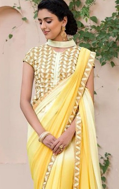 Stylish short sleeve printed long saree blouse design