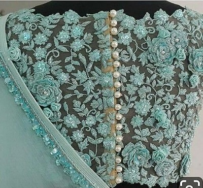 Thread and sequin work net fabric party wear blouse design