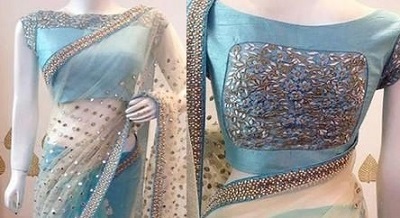 Thread work net blue blouse design