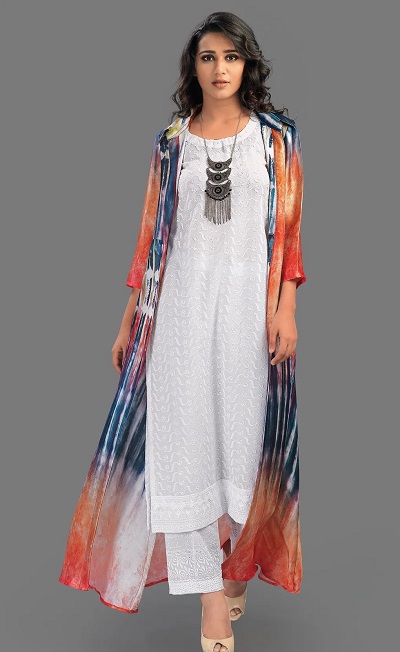 White chikankari kurta with long printed shrug