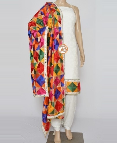 White cotton suit with multicolor Phulkari dupatta