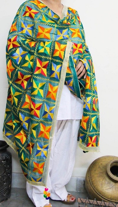 White simple cotton salwar suit with multicolor Phulkari dupatta