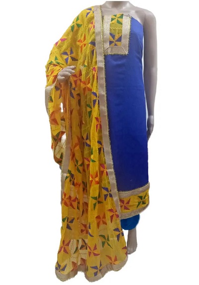 Yellow Phulkari Dupatta with blue cotton suit