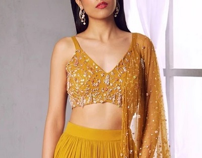 Yellow V Neck Strappy Blouse For Lehengas
