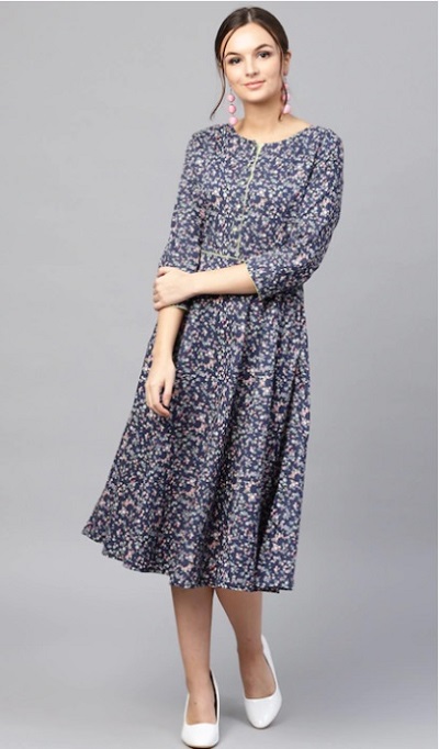 A Line Umbrella Printed Office Wear Dress For Women