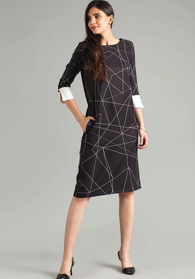 Black Geometric Print Formal Office Wear Women Dress