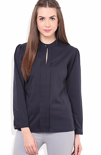 Full sleeves navy blue pleated formal top