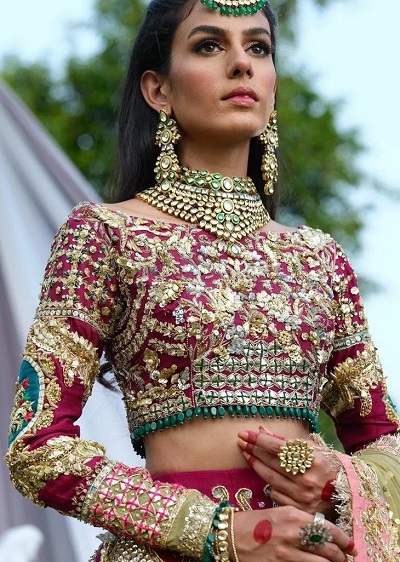 Gota patti and Zari Work heavy wedding saree blouse design