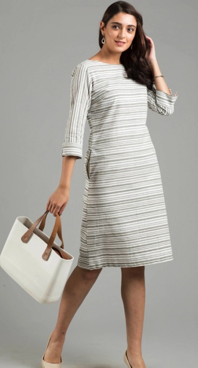 Horizontal Stripe Boat Neckline Shift Dress For Office