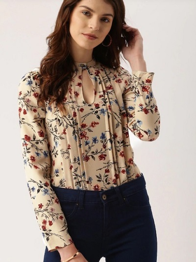 Keyhole neckline printed and pleated formal top for women