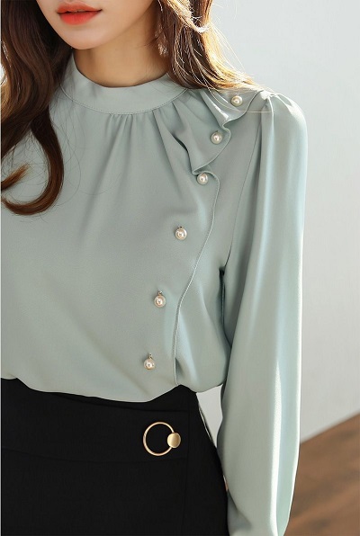 Light Blue full sleeves formal top with pearl accent