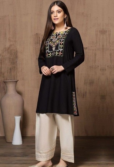 Office Wear Short Black Embroidered Kurti With Palazzo Trousers