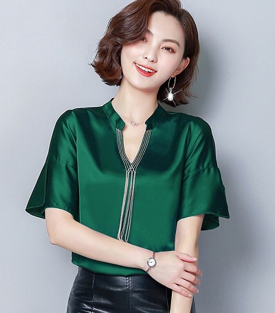 Satin formal wear short sleeve shirt for women