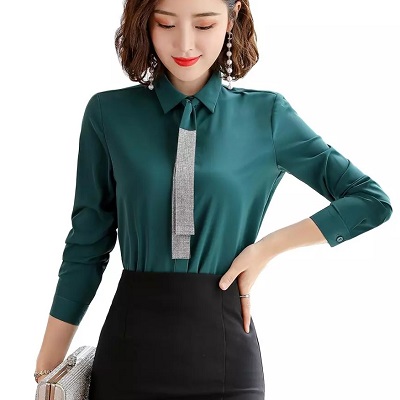 Satin green three fourth sleeve blouse for office