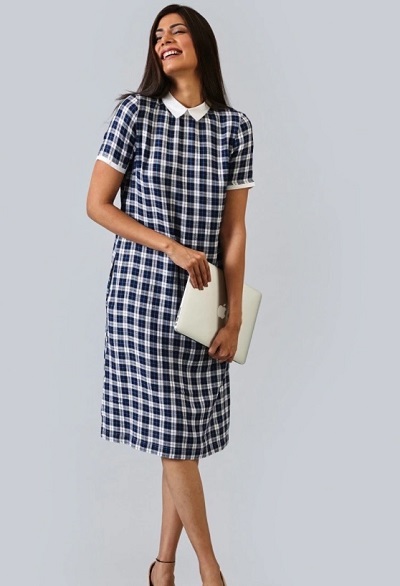 Shift Dress With Collar And Plaid Print