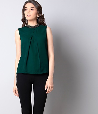 Stylish sleeveless stand collar green for office
