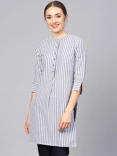 Vertical Striped Short Kurta With Trouser Pants For Office Wear