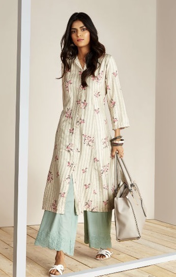 White printed kurta with mint green palazzo for office