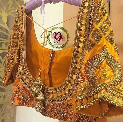 Yellow Silk Saree And Stone Work Bridal Blouse Pattern