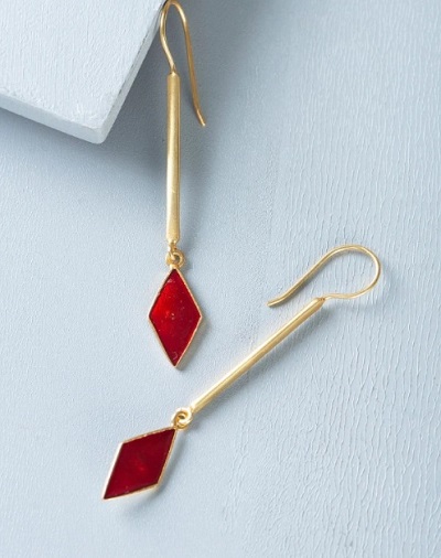 Gold and red stone dangling earrings for office wear