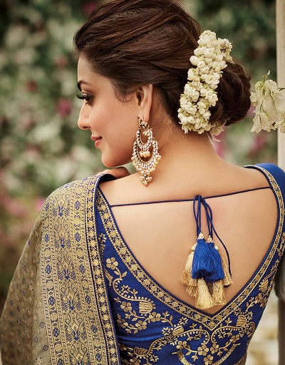 Blue Embroidered Back V Neckline Blouse Design