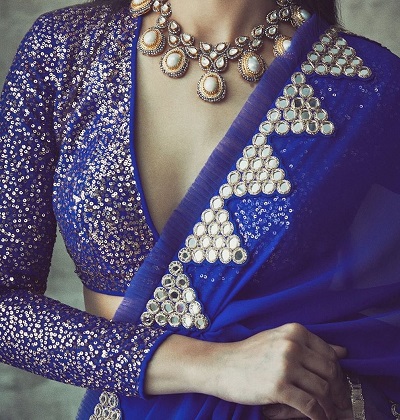 Party Wear Sequinned Blue Designer Blouse