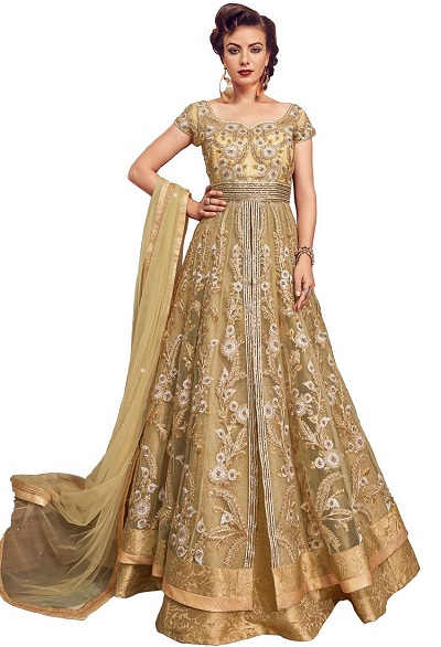 Anarkali Style Golden Suit For Women For Wedding