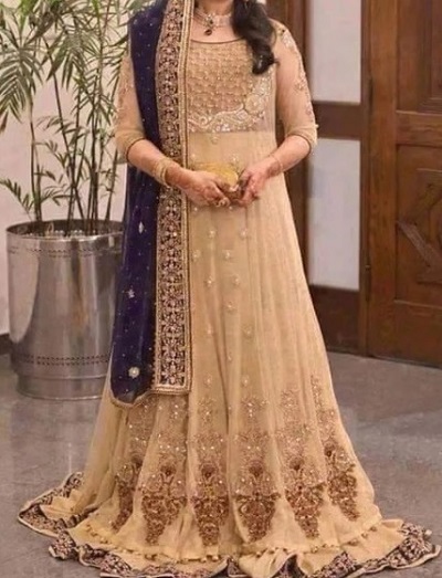 Bridal Long Golden Suit With Blue Dupatta