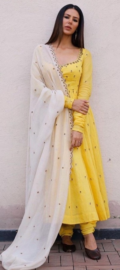 Cotton Long Length Yellow Anarkali With Long Sleeves