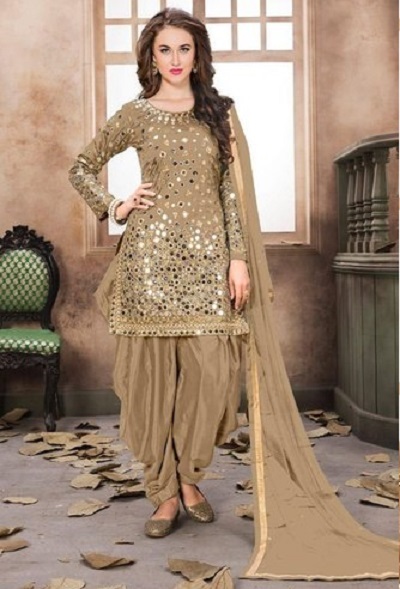 Designer Mirror Work Golden Suit With Patiala Salwar For Parties