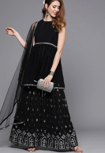 Designer Party Wear Black And Silver Sharara Suit Design