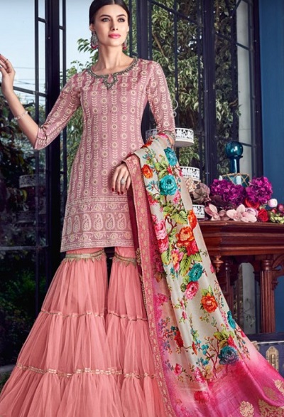 Designer Pink Sharara Suit Design With Floral Dupatta