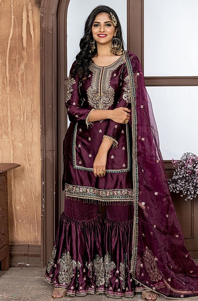 Designer Wine Colour Sharara Suit In Satin Fabric