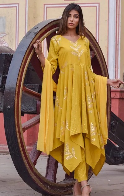 Designer Yellow High-Low Hemline Suit For Women