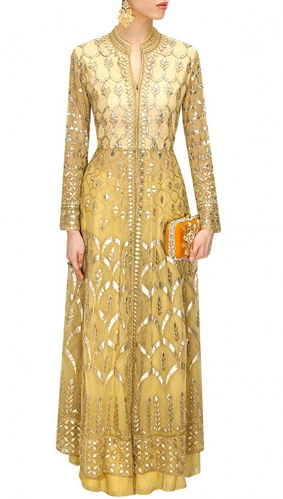 Floor-Length Gold Mirror Work Anarkali Dress
