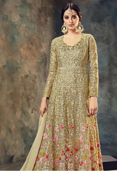 Floor Length Net Golden Anarkali Design For Women