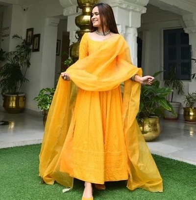 Full length yellow embroidered Anarkali dress with dupatta