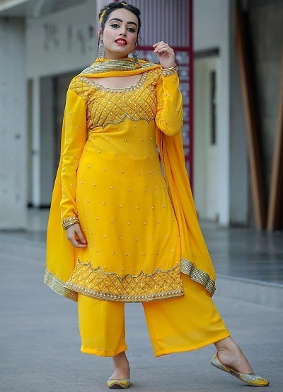 Georgette Yellow Embellished Long Kurta With Palazzo Pants