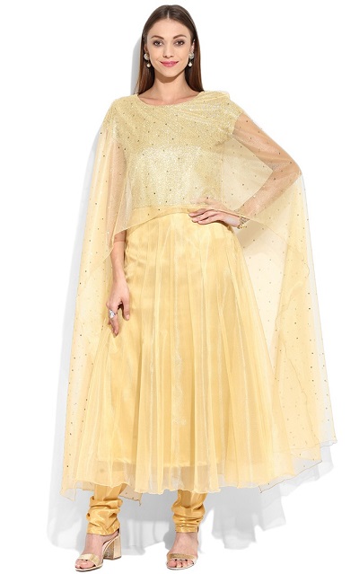 Golden Anarkali Churidar Salwar Suit With Cape Dupatta