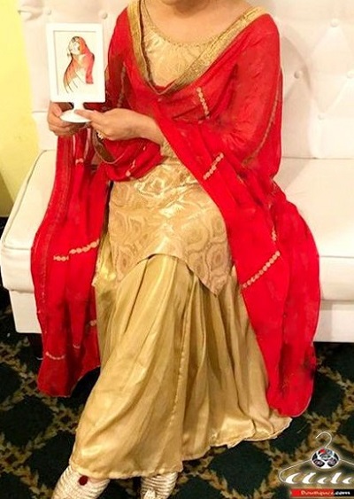 Golden Chanderi Suit With Red Chiffon Dupatta