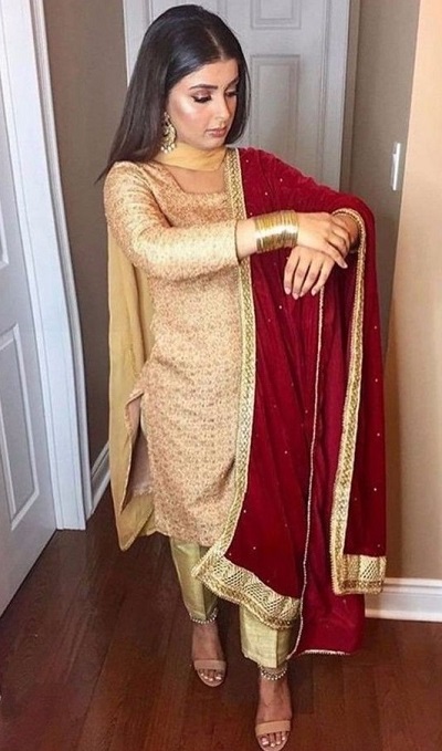 Golden Punjabi Suit With Trouser And Velvet Maroon Dupatta