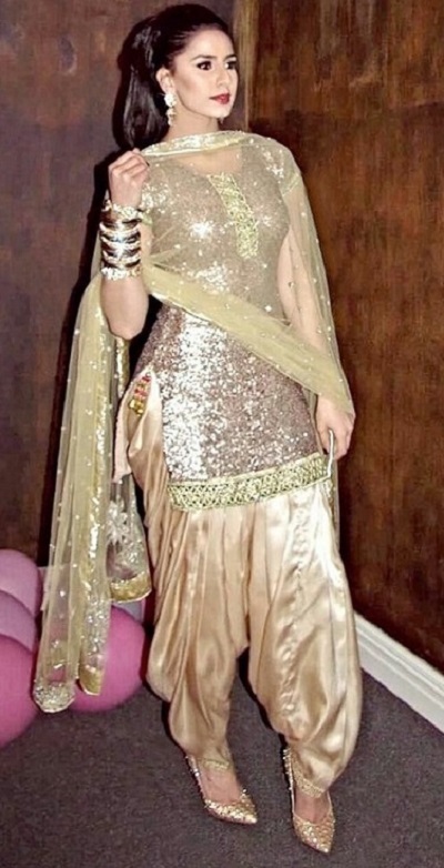 Heavy Sequin Studded Short Punjabi Suit With Golden Salwar