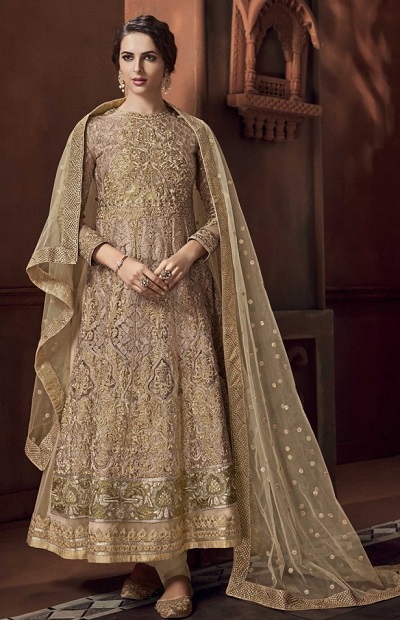 Heavy Thread Work Golden Anarkali With Churidar