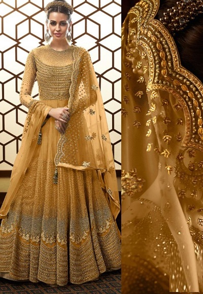 Long Floor Length Anarkali Salwar Suit In Golden Color