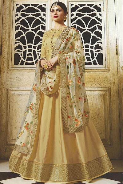 Long Floor Length Silk Golden Anarkali Suit With Printed Dupatta