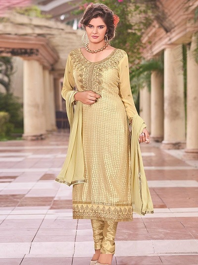 Long Golden Chanderi Silk Suit With Churidar