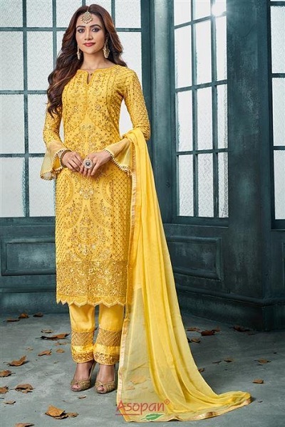 Long embroidered yellow party wear with straight plazo pant