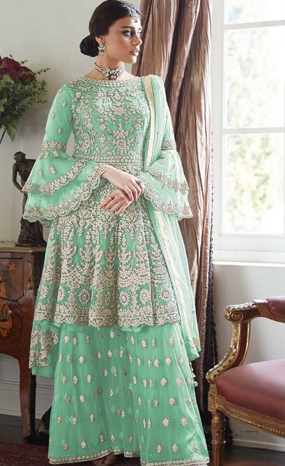 Mint Green Heavy Embroidered Party Wear Sharara Suit