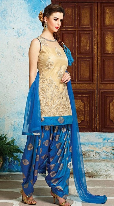 Party Wear Sleeveless Golden Suit With Blue Chanderi Patiala Salwar