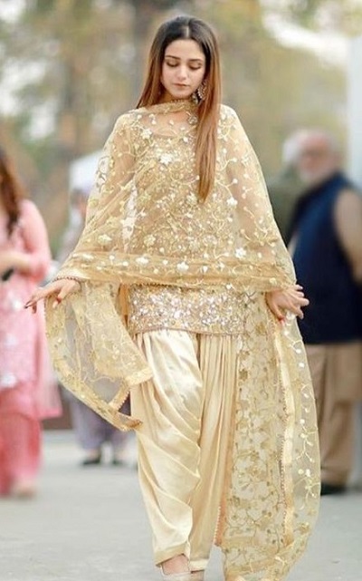 Party wear Net Sequined Golden Punjabi Salwar kamaeez